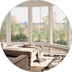 Large white bay window in living room
